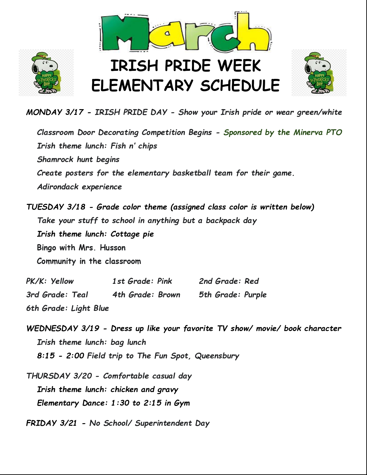 Irish Pride Week Elementary Schedule