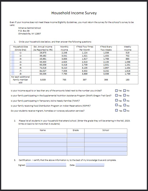 Free and Reduced Lunch Income Survey