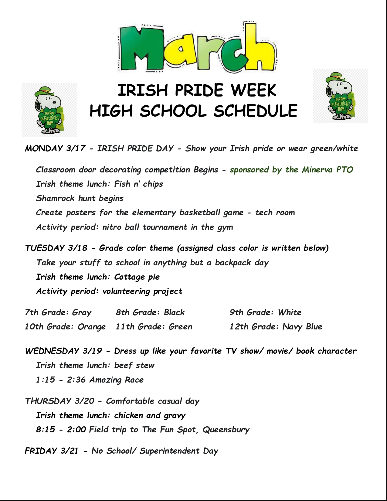 Irish Pride Week Secondary Schedule